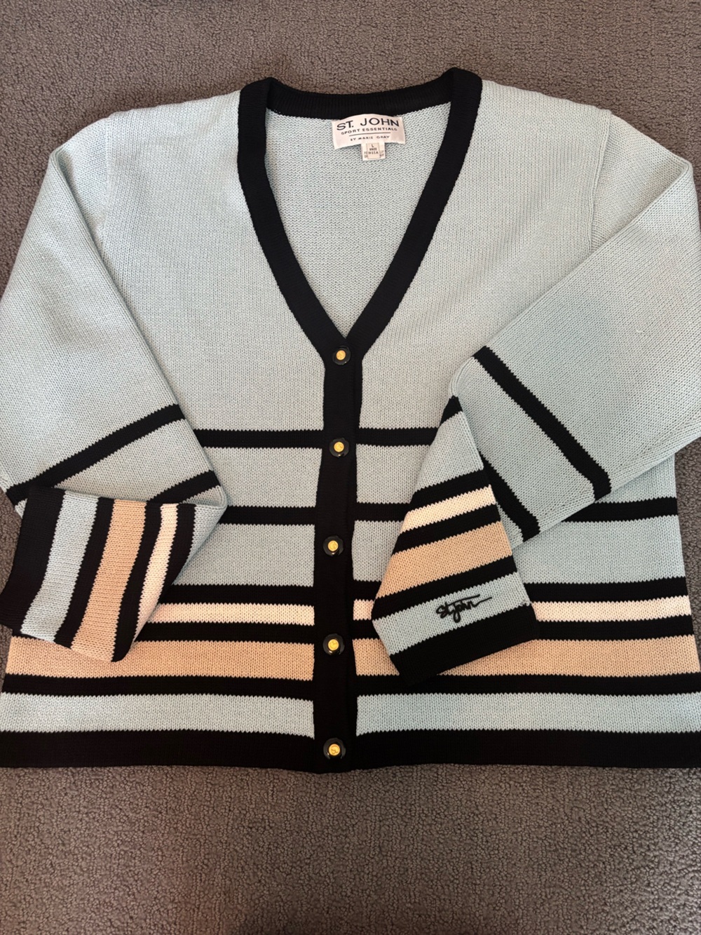 St. John Men's Light Blue, Black & White and Tan Striped V-Neck Cardigan